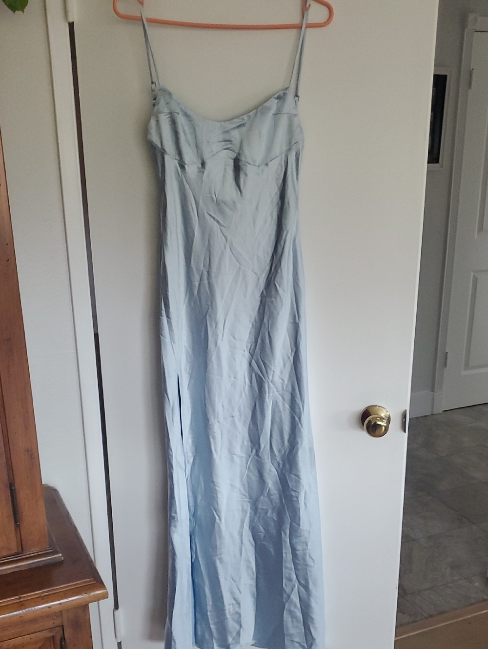 Princess Polly Light Blue Satin Maxi Slip Dress with Thigh Slit Size 6 - Picture 2 of 7